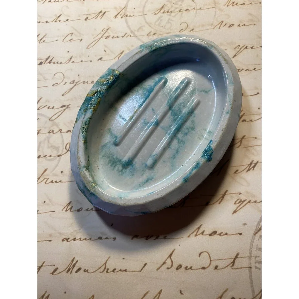 Handmade Soap Dish Cement Soap Holder Oval Bathroom Kitchen Marbled Teal